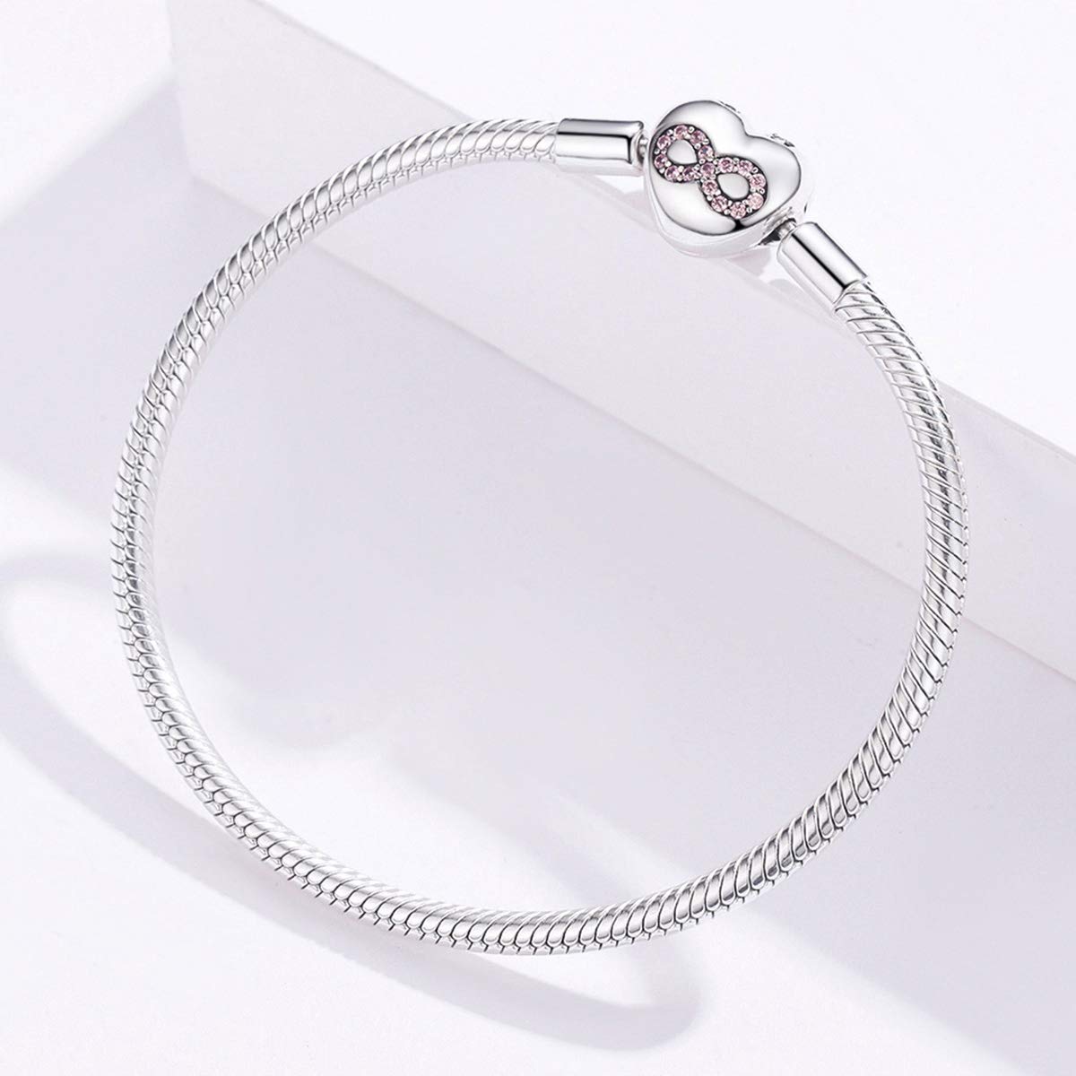 Braccialetto con ciondoli Bracciale in Argento Sterling 925 con Catena a Forma di Serpente con Cuore eterno, Chiusura Rotonda (19cm/7.5in Charm Bracelet)