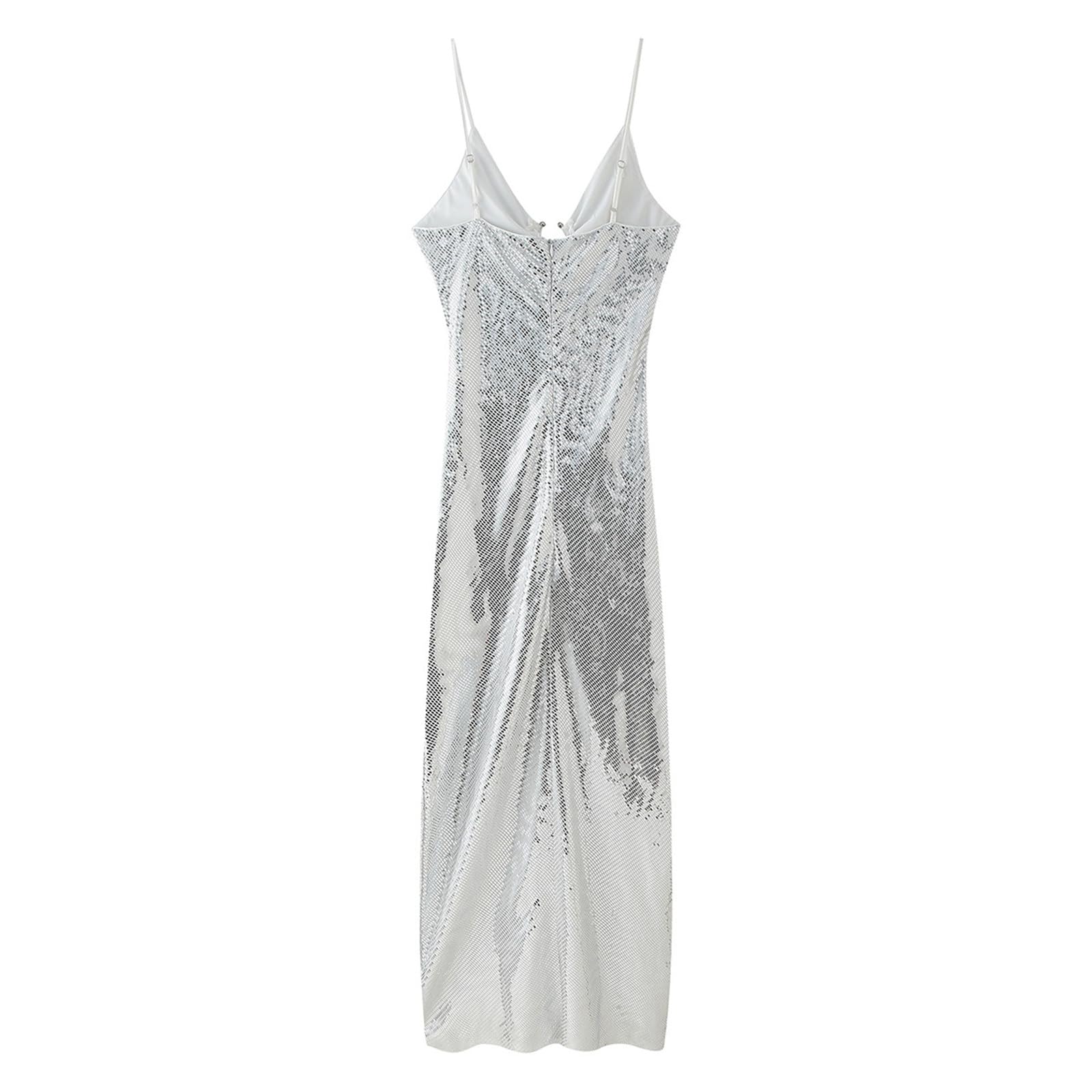Generisch Vestido de mujer con purpurina, vestido sexy de lentejuelas metálicas, con cuello en V, vestido de discoteca de verano con abertura y espalda descubierta.