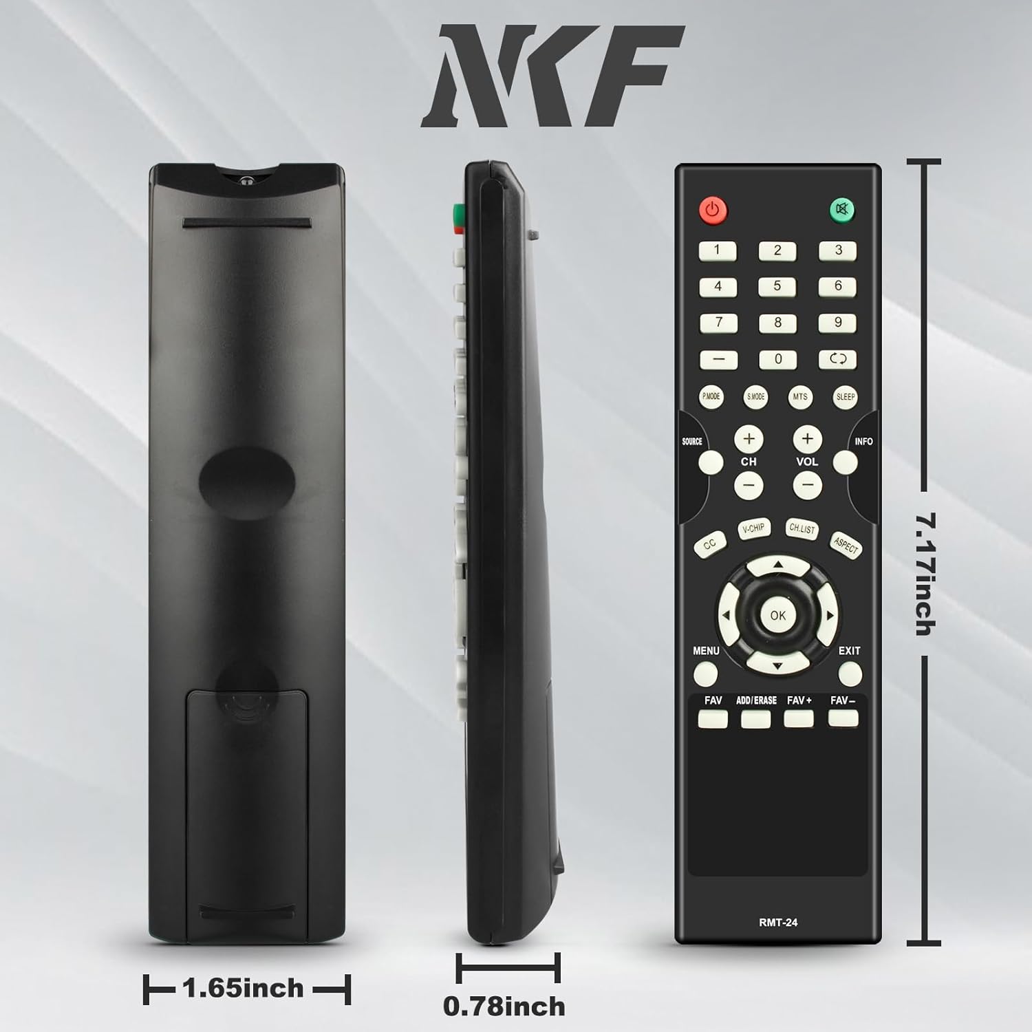 Image showing the dimensions of the NKF RMT-24 remote control: 7.17 inches in length, 1.65 inches in width, and 0.78 inches in thickness.