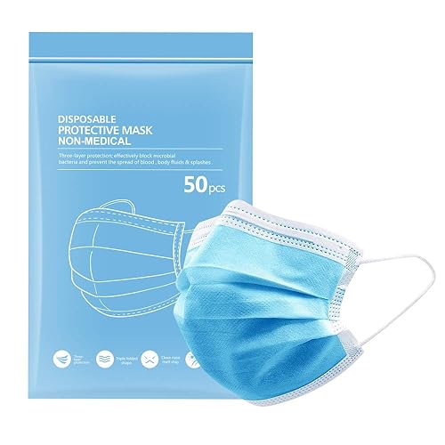 Máscara facial desechable, máscara de seguridad de 3 capas, antipolvo, transpirable, con cinta elástica para las orejas (paquete de 50)