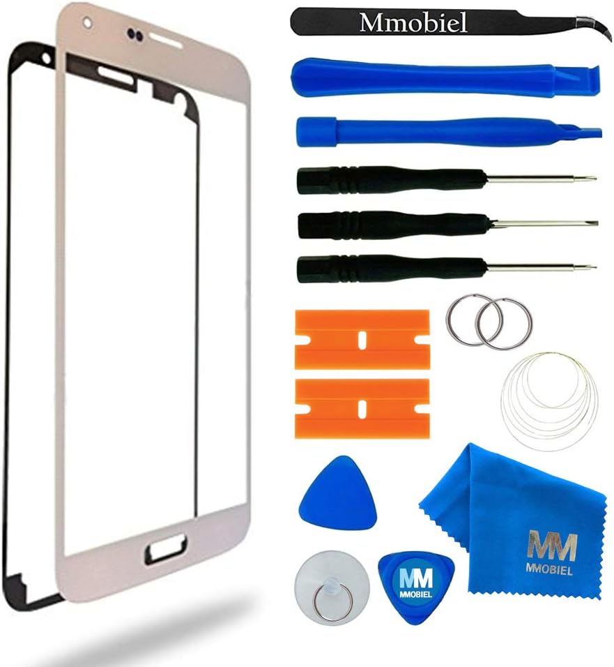 MMOBIEL Front Glass for Samsung Galaxy S5 / S5 Neo (White) Display Touchscreen replacement kit 12 pcs incl tools / pre cut Sticker / cloth / suction cup / wire