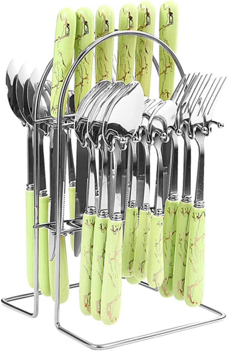 Ensemble de couverts en acier inoxydable 24 pièces avec poignées en céramique Couverts pour 6 personnes Comprend un couteau, une fourchette et une cuillère Ustensiles de base en argent avec support en