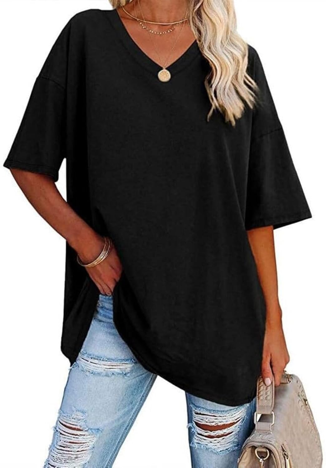 Larmliss Women's T Shirts Oversized V Neck Striped Tees Half Sleeve Casual Comfy Cozy Cotton Tunic Tops Summer