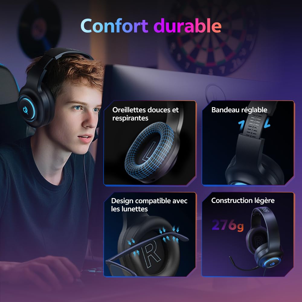 QCY Casque Gaming,Casque sans Fil 2,4 GHz pour PS5,PS4,PC,Switch,réduction de Bruit Amovible avec Micro,Son Surround 7.1,autonomie de 240 Heures,lumières RVB - Noir