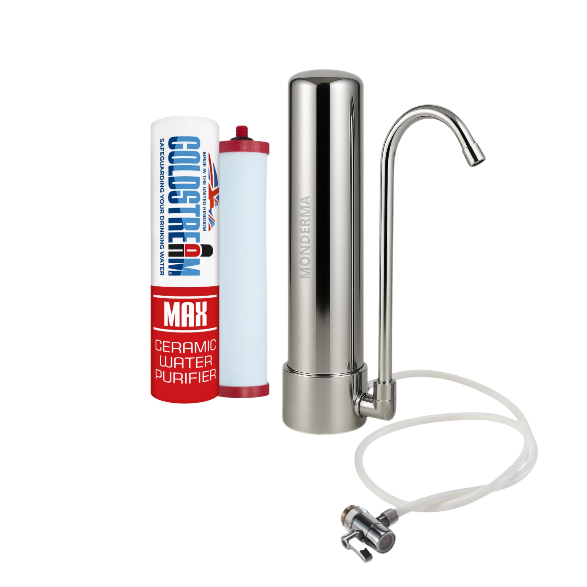 Filtre à Eau sur Comptoir, 1 cartouche filtrante CTO MAX coldstream, Inox 304, 33 cm x 7,5 cm, Capacité 3000L, Installation Robinet, Filtration sans Électricité