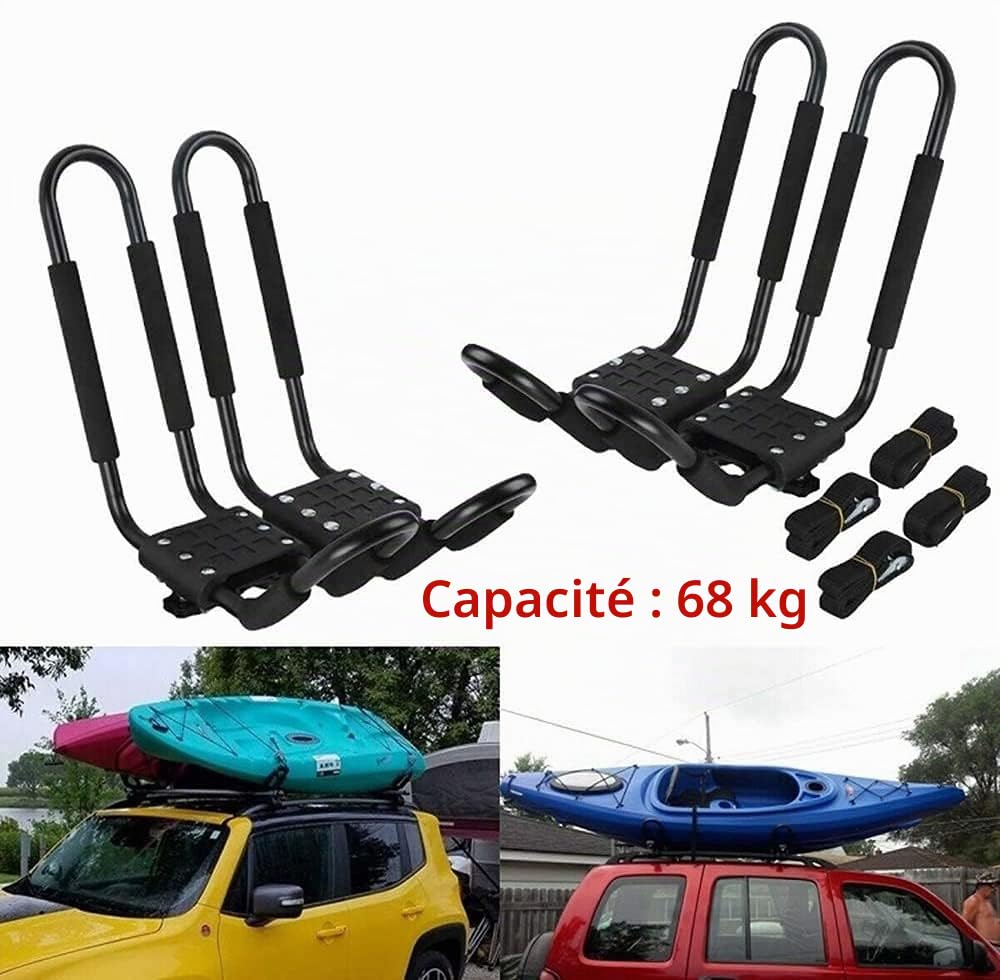 Tonchean Barres en forme de J pour Toit de Kayak 2 Paires, Porte-Kayak de Toit, Montage Supérieur avec 4 Sangles pour Canoë, Bateau, Surf, Ski, Vélo, Compatible avec SUV et Voiture