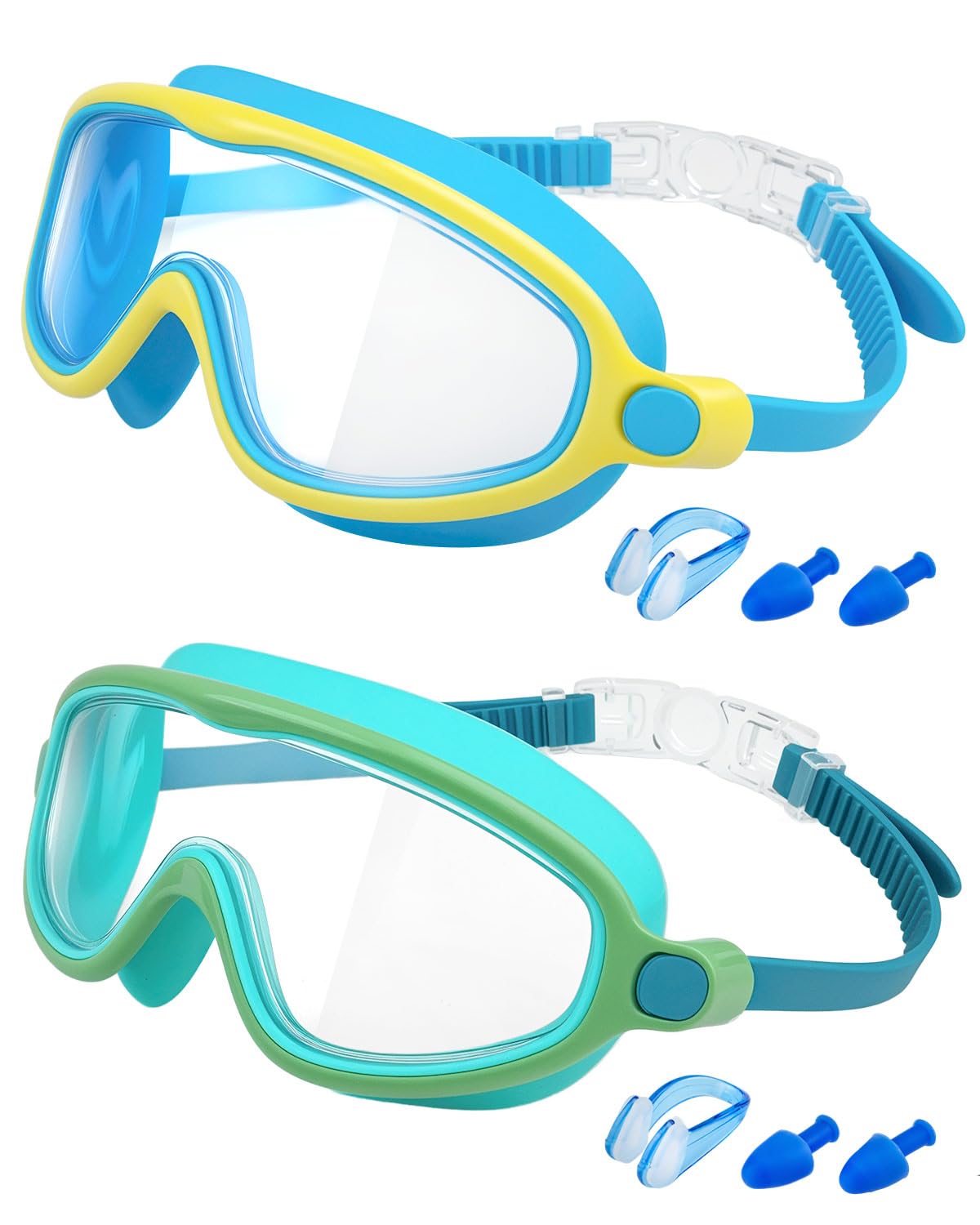 Swim Goggles 2 Pack, Wide View Anti Fog&UV Swimming Goggles for Audlt, No Leak Pool Beach Essentials for Men Women Yellow Blue & Green Small for Kids