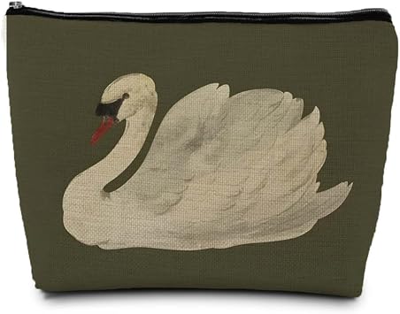 Olive Green Vintage Swan Makeup Cosmetic Bag for Women, Swan Gifts for Women, Muted White Animal Portable Travel Toiletry Bag Zipper Makeup Pouch