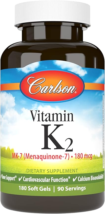 Carlson - Vitamin K2 MK-7 (Menaquinone), 180 mcg, Bone Support, Calcium Bioavailability, K2 Vitamin, Vitamin K-2, 180 Softgels