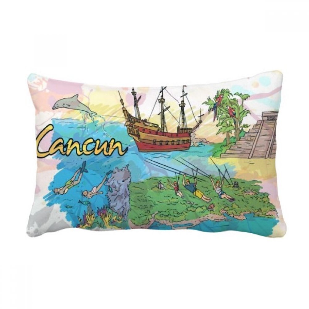 Coussin Mexique Île de Cancun avec motif de temple Maya multicolore pour la déco du salon
