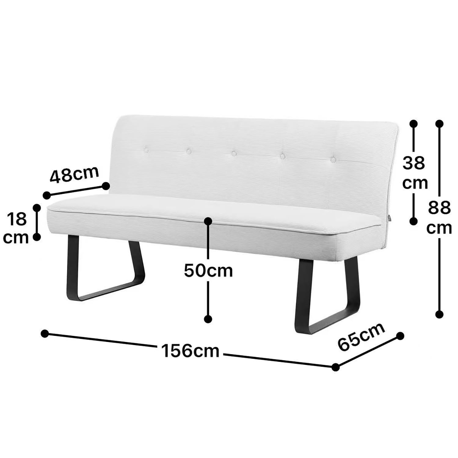 DUBI Möbel Sitzbank Emilia 160 cm mit Federkernpolsterung – Moderne Esszimmerbank Cord Creme – Gepolsterte Küchenbank mit 17 cm Polsterung & Metallbeinen Schwarz