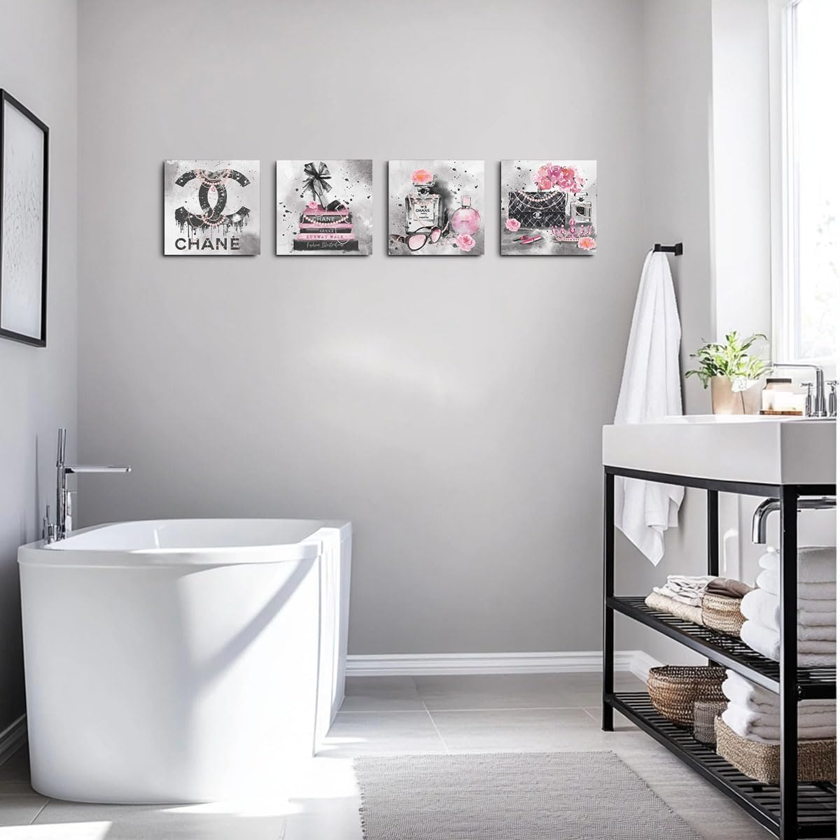 4 Pcs Pink Fashion Canvas Wall Art Black and White Decor Grey Wall Decor Aesthetic Framed Posters Art Prints Artwork Pink Pictures for Women Bedroom Apartment Vogue Living Room Decor 8x8 Inch