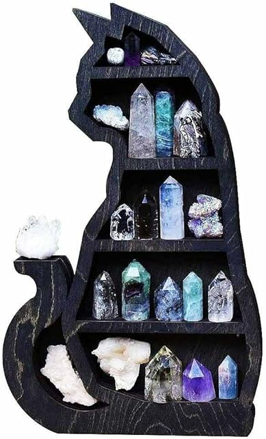 ATING Cat in The Moon Crystal Wooden Shelf,Cat-Shaped Crystal Wooden Shelf, Multipurpose Storage Rack, Bed Room Display Crystals Stone, for Small Plant and Art Gothic Room Ornaments