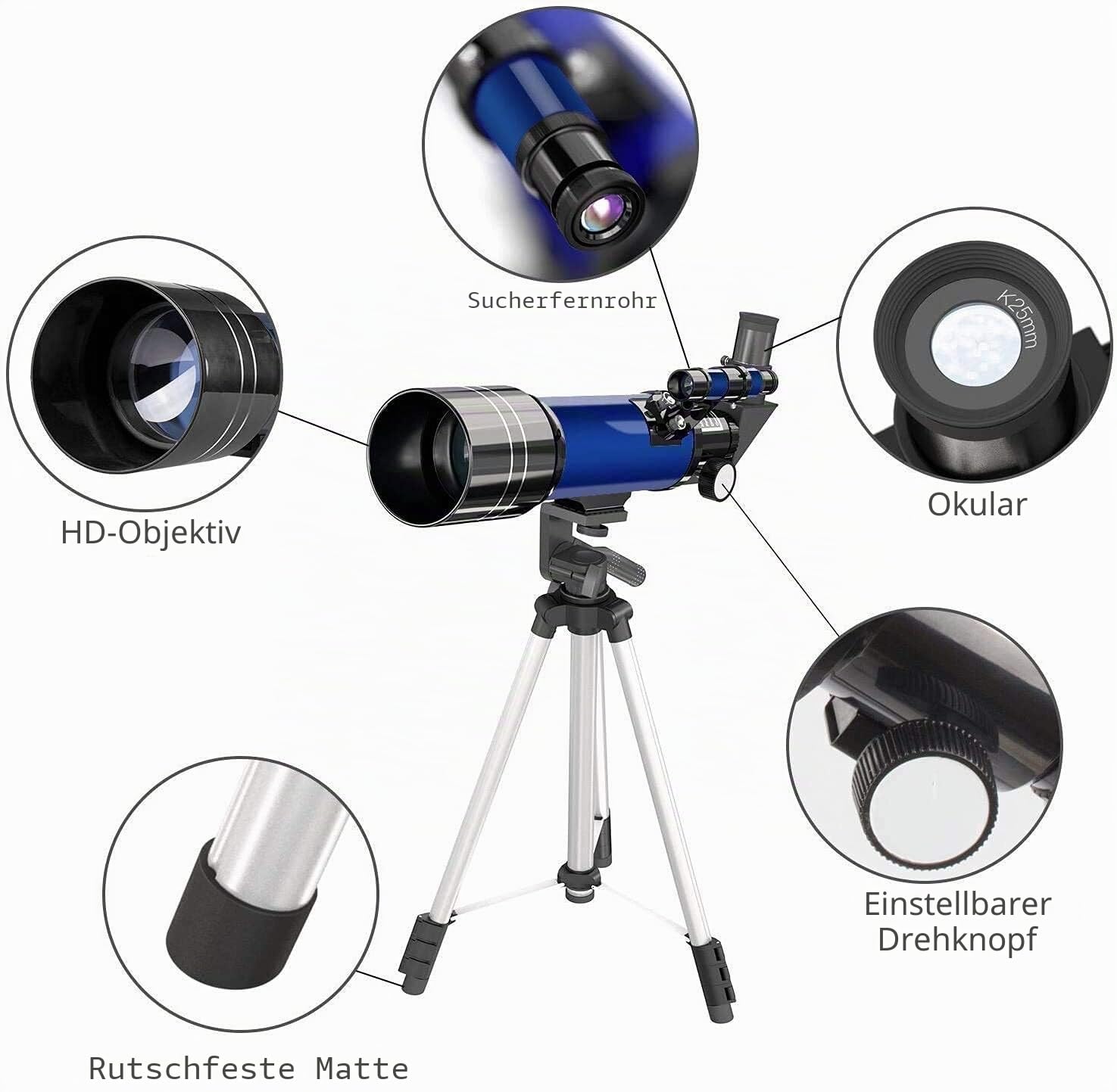 Teleskop für Kinder und Einsteiger für Beobachtung von Himmel und Landschaft- 70mm fernrohr Teleskop Astronomisches Mit verstellbarem Stativ