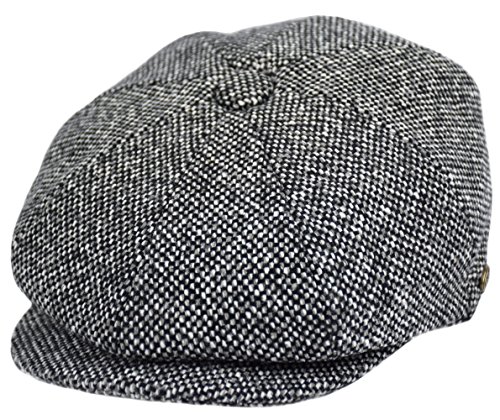 Men's Wool Newsboy Cap, Herringbone Driving Cabbie Tweed Applejack Golf Hat (2124-Black Tweed, Medium)