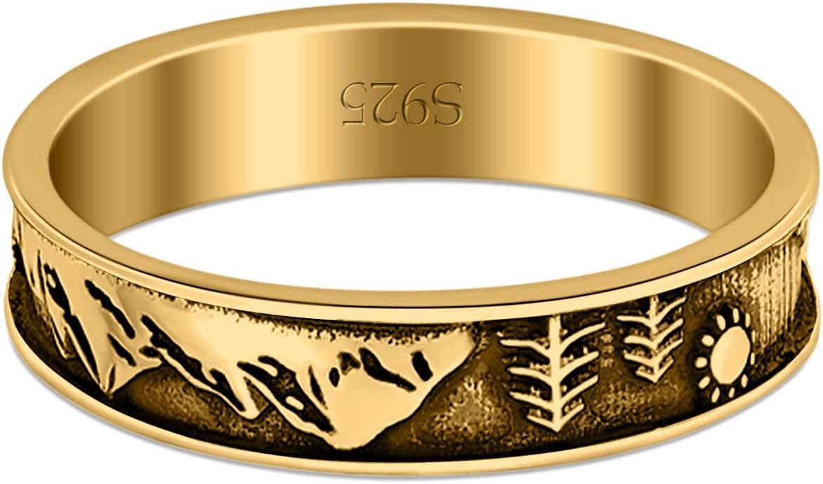 Blue Apple Co. Mountains & Trees Ring Oxidized Band Solid 925 Sterling Silver Thumb Ring (5mm)