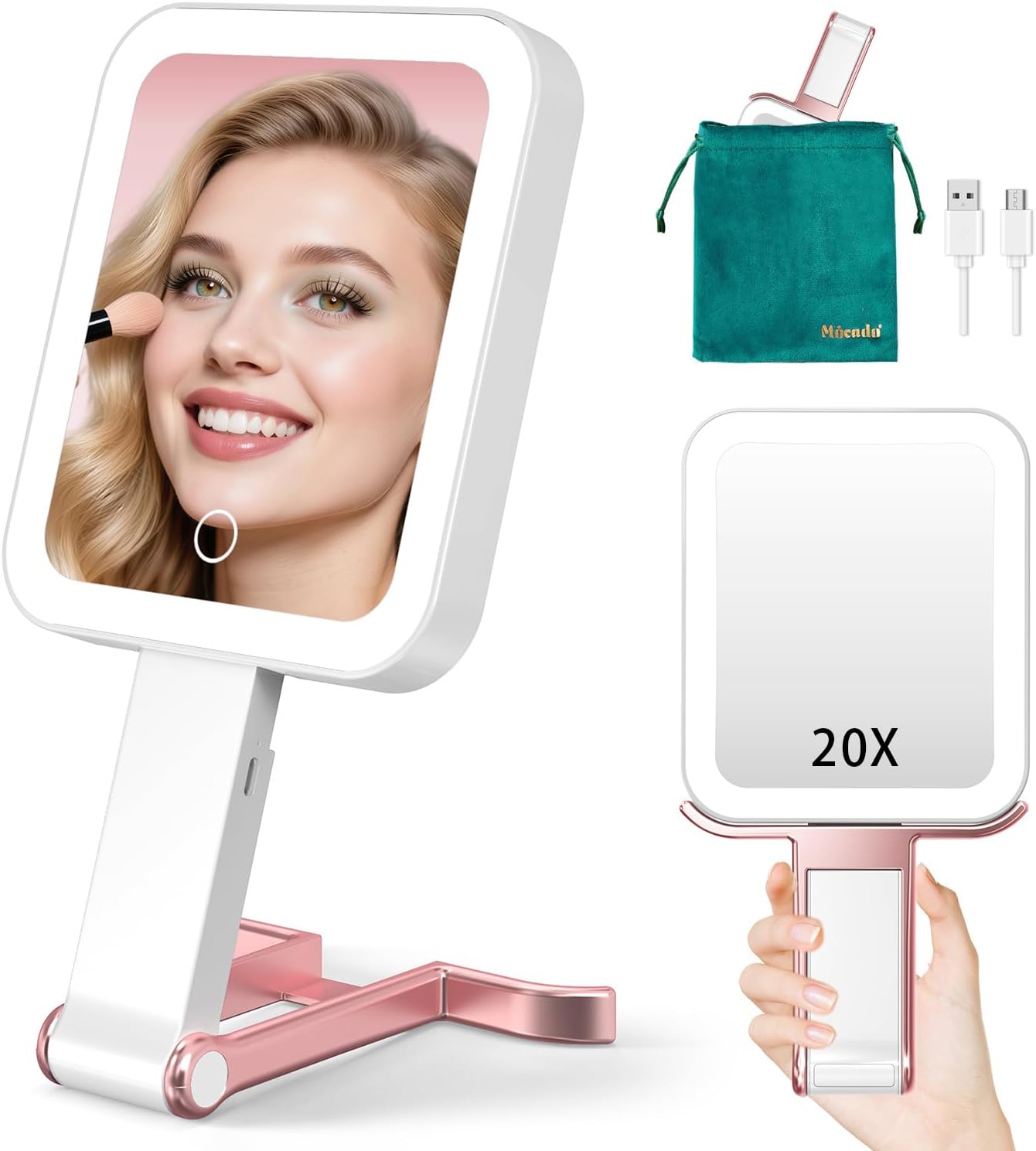 Mocado Travel Makeup Mirror with Lights,20X/1X Magnifying Mirror with Light, Double Sided Travel Mirror with 3 Color Light,Dimmable Touch,Lighted Makeup Mirror for Tabletop,Handheld,Hanging(Rose Gold)