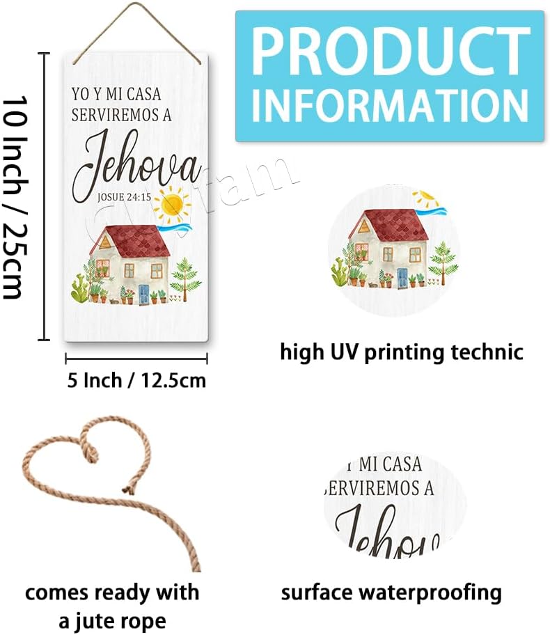 Miniatura 2 de Placa colgante de madera con versículo bíblico inspirador, Yo Y Mi Casa Serviremos a Jehova, estilo rústico, retro, arte de pared colgante de