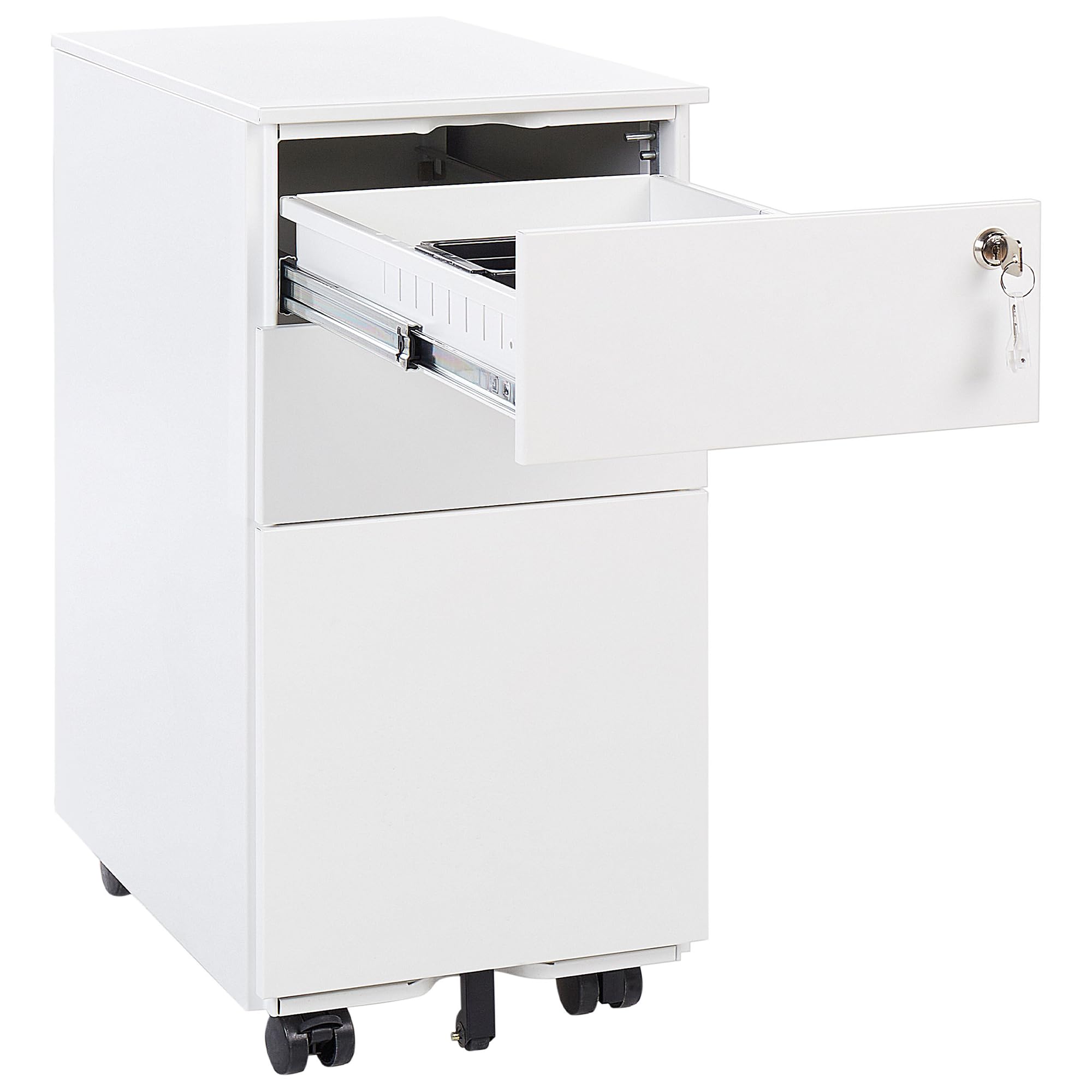 Beliani Caisson de Bureau en Métal Blanc avec roulettes Pratiques et 3 Tiroirs Spacieux Vérouillable avec Clef Idéal pour Rangement de Vos Dossiers