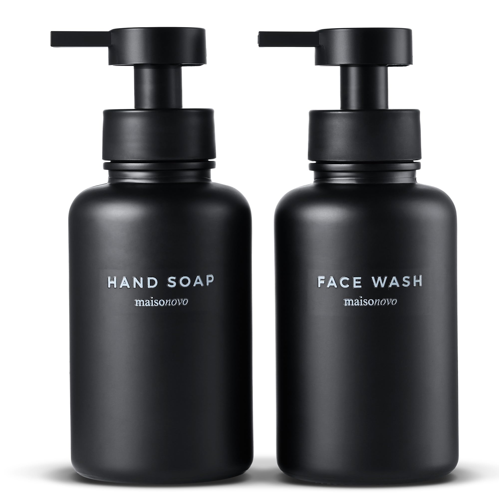 Maisonovo Black Bottles/Black Plastic Pumps/No Tray Glass Foaming Soap Dispenser Set Of 2-400 Ml Black Glass Foaming Hand Wash Dispenser Black Pump X 2, Waterproof Labels