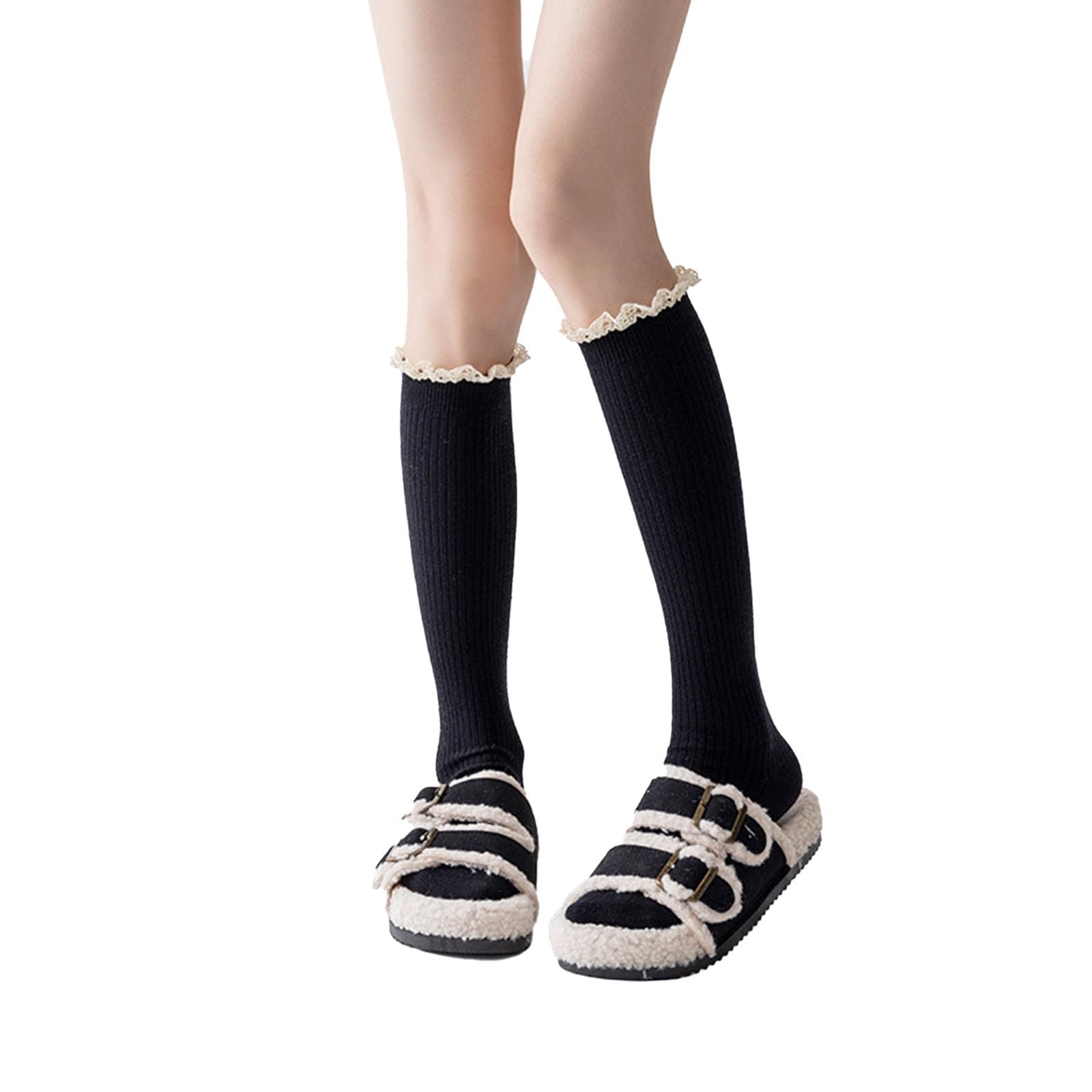 Women Cotton Knit Boot Knee High Socks Lace Trim Knee High Stockings Socks for Boots Casual Chic