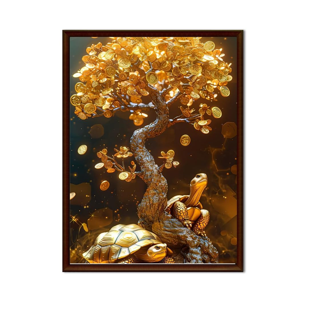 DAKSHESTRY ARTWORKS Golden Money Tree with Tortoise Wall Painting | Vastu Feng Shui Wealth & Stability Art | Prosperity Wall Decor for Home, Office & Business (Framed)-image-43