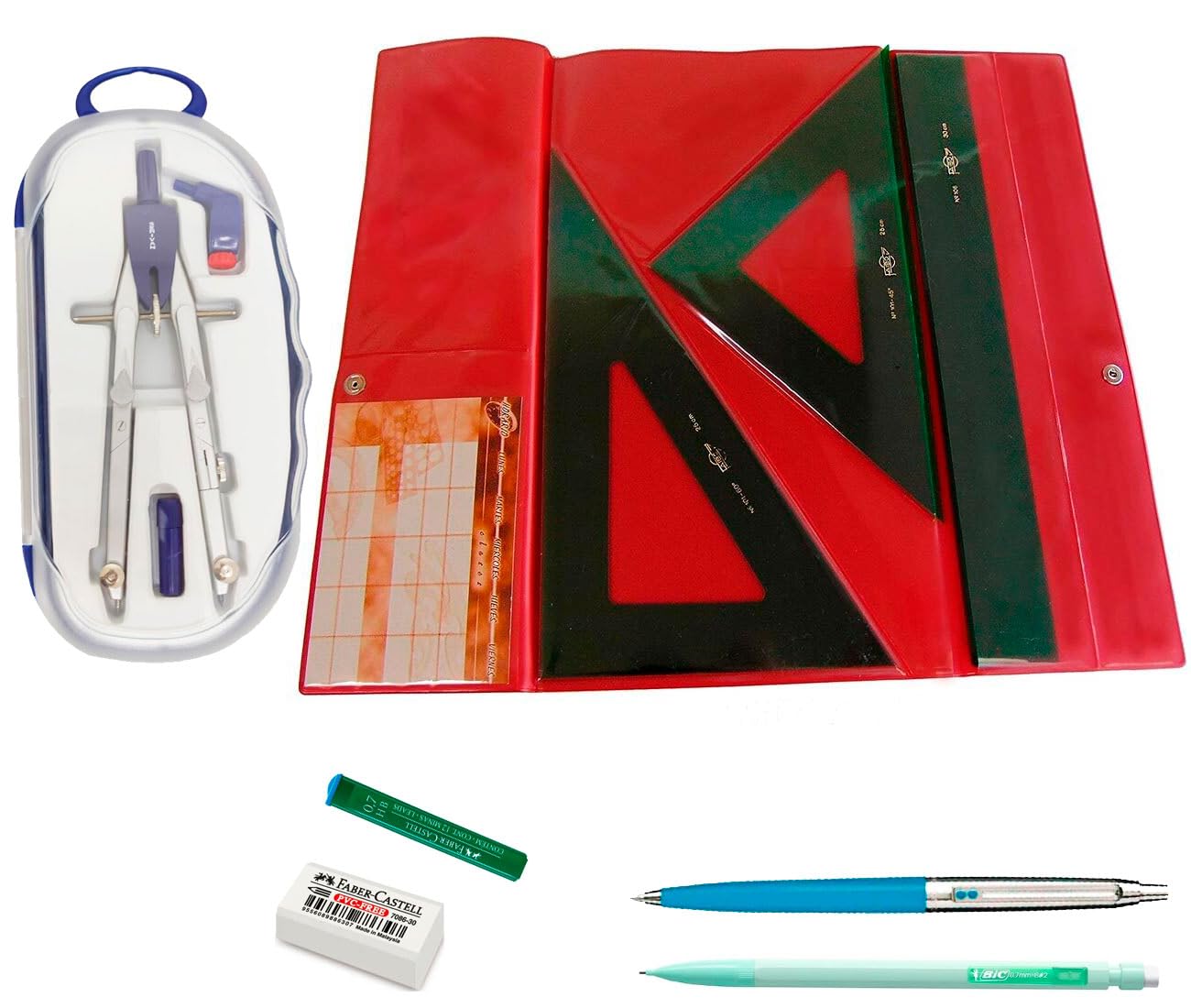 Pack FAIBO Estuche técnico Verde Juego Regla 30 cm GRADUADA, escuadra y cartabón de 25 cm SIN GRADUAR + Bigotera SERIVAN 1 bolígrafo INOXCROM B55 + 1 Portaminas 0,7 mm + 1 Tubo 12 Minas 0.7 mm HB