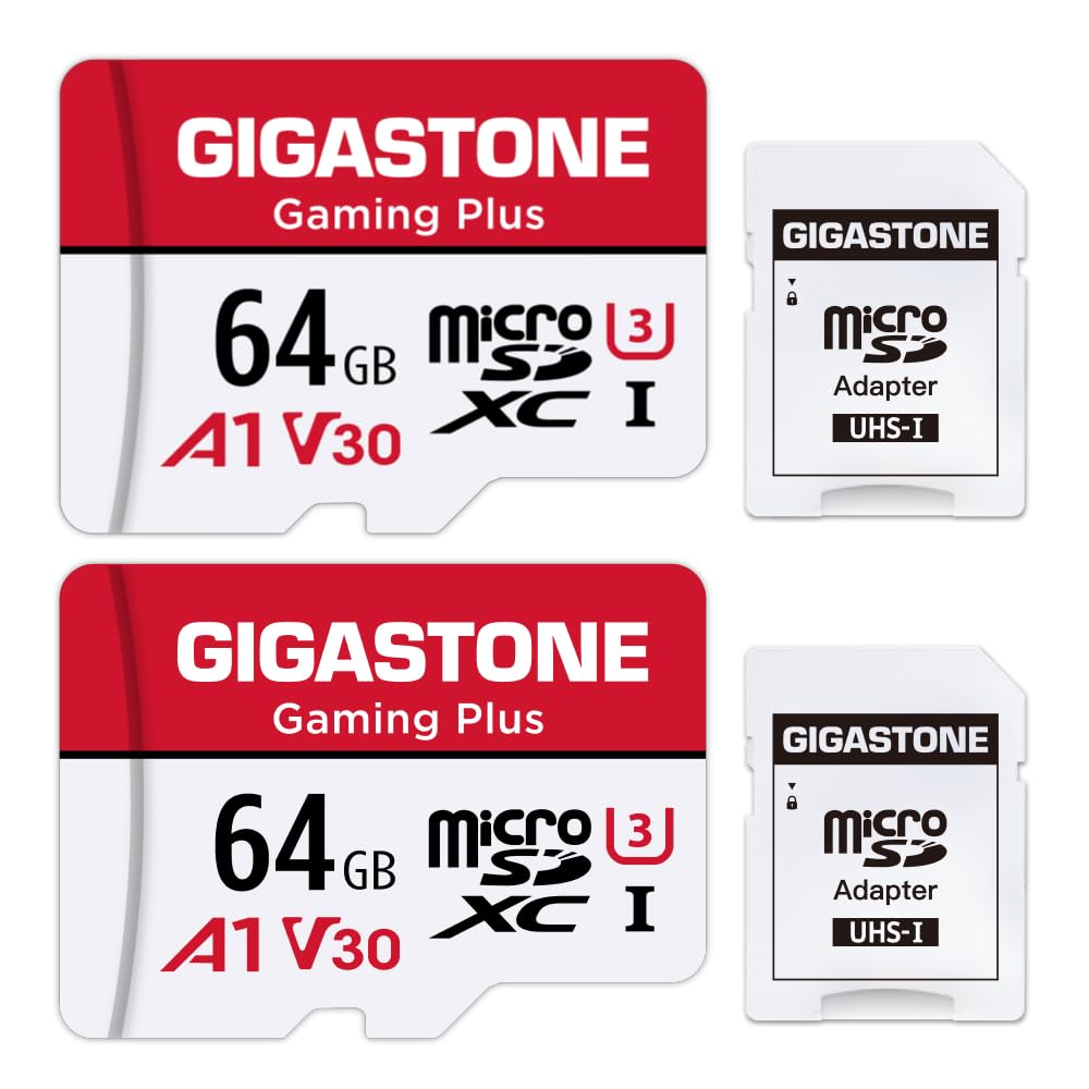 【For Switch 1 Only】 GIGASTONE 64GB Micro SD Card 2-Pack, Gaming Plus, MicroSDXC Memory Card for Nintendo-Switch, 4K UHD Video Recording, UHS-I U3 C10 A1 V30, up to 90MB/s, with Adapter