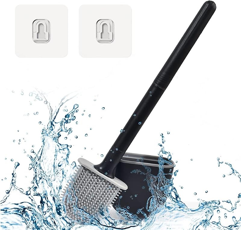 DENTSHIELD Fekete Szilikon WC Kefe Szivárgásmentes Tartóval - Gyorsan Száradó, Hordozható Fürdőszobai Kefe Hosszú Ergonomikus Fogantyúval