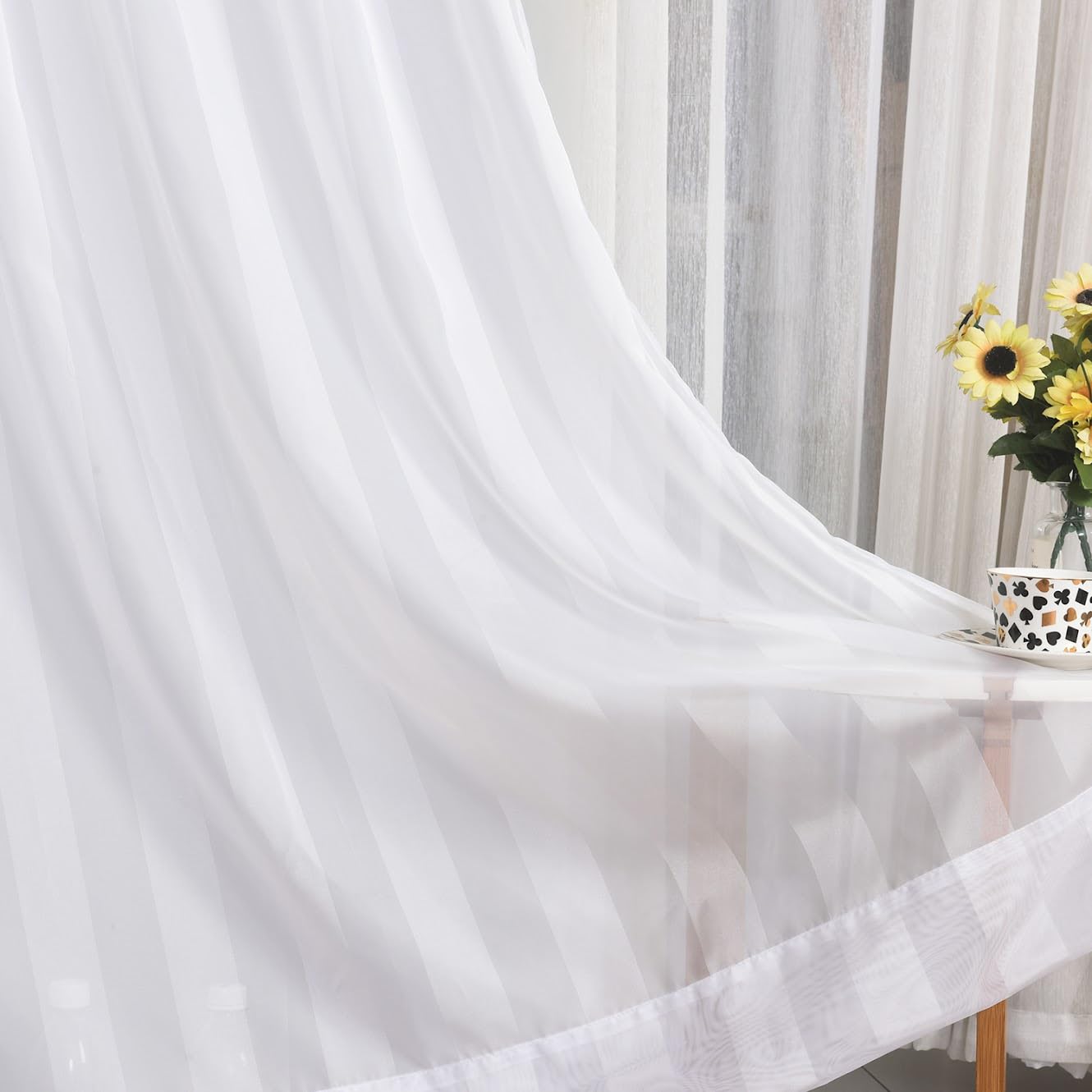 Megachest pure voile extra wide tape top sheer curtain (1 Panel) Iris-stripe white, W 116" x L 84" (1 Panel) โ image 1