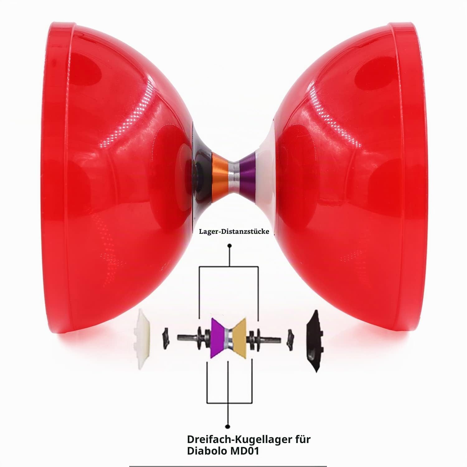 MAGICYOYO MD01 Profis Diabolo Groß mit Dreifach-Kugellagern für Kinder, Erwachsene, Jonglier-Set Tricks, Anfänger Diabolo Yoyo Pro 15cm mit 4 Metallstäbe+ Tasche+ 4 Diabolos-Schnur Kit, Rot