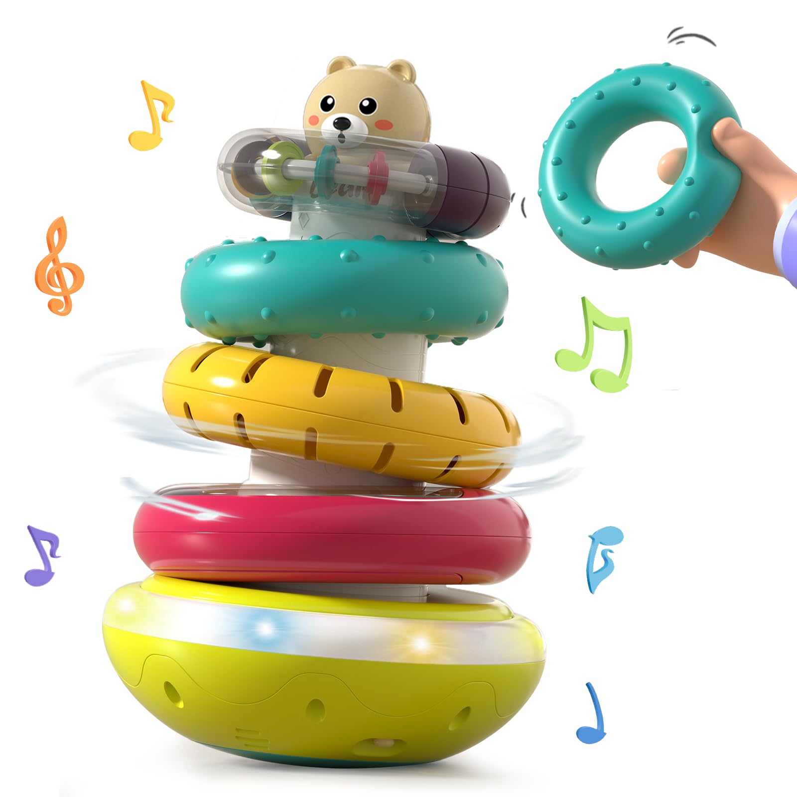 Baby Ring Stacker Toy with Lights, Musical Stacking Toys for Toddlers 1-3, Automatic Rotating Montessori Toys for Babies 6-12 Months, Early Learning