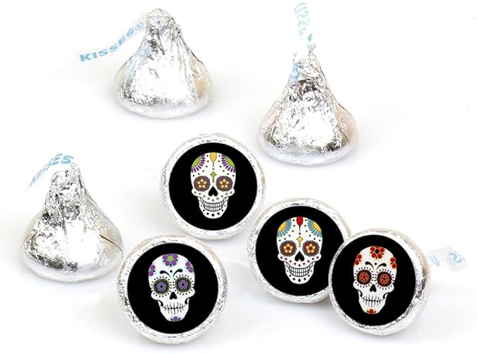 Big Dot of Happiness Day of the Dead - Halloween Sugar Skull Party Round Candy Sticker Favors - Labels Fit Chocolate Candy (1 Sheet of 108)