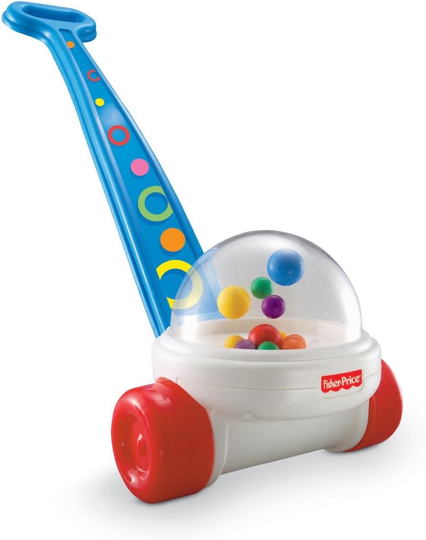 Fisher-Price Brilliant Basics Corn Popper, side view showing the blue handle and red wheels.