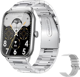 Smartwatch de 1,9 polegadas HD Color Touchscreen BT Chamada Vários modos esportivos IP67 À prova d'água Adequado para Android iOS Silver, Alça de aço + alça de silicone