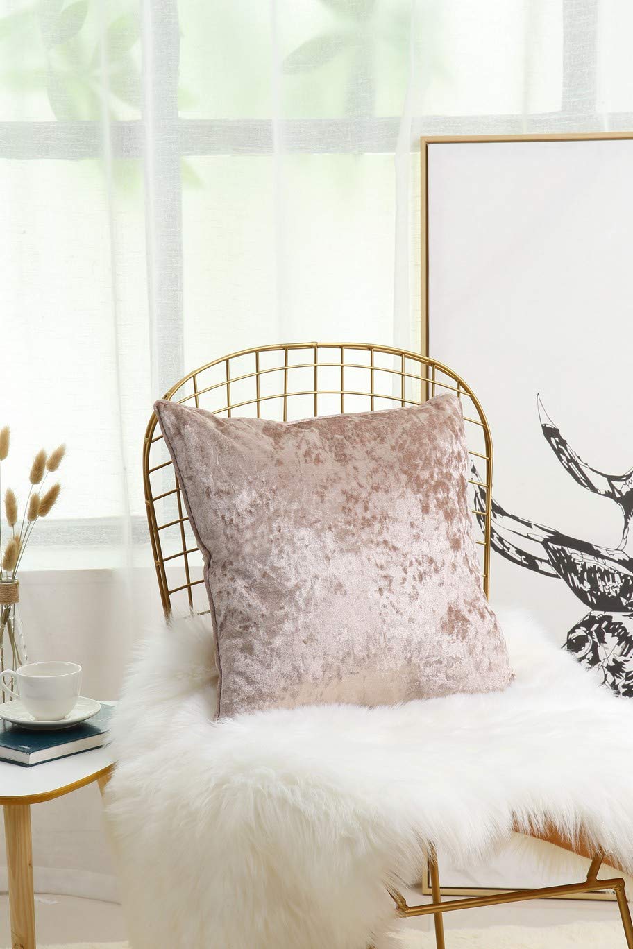 iStyle Mode Set Of 2-45cm x 45cm Crushed Velvet Cushion Cover with Filled Hollow Fiber Piped Edges | For Bedroom Sofa Living Room | - (Pack of 2) (Mink)