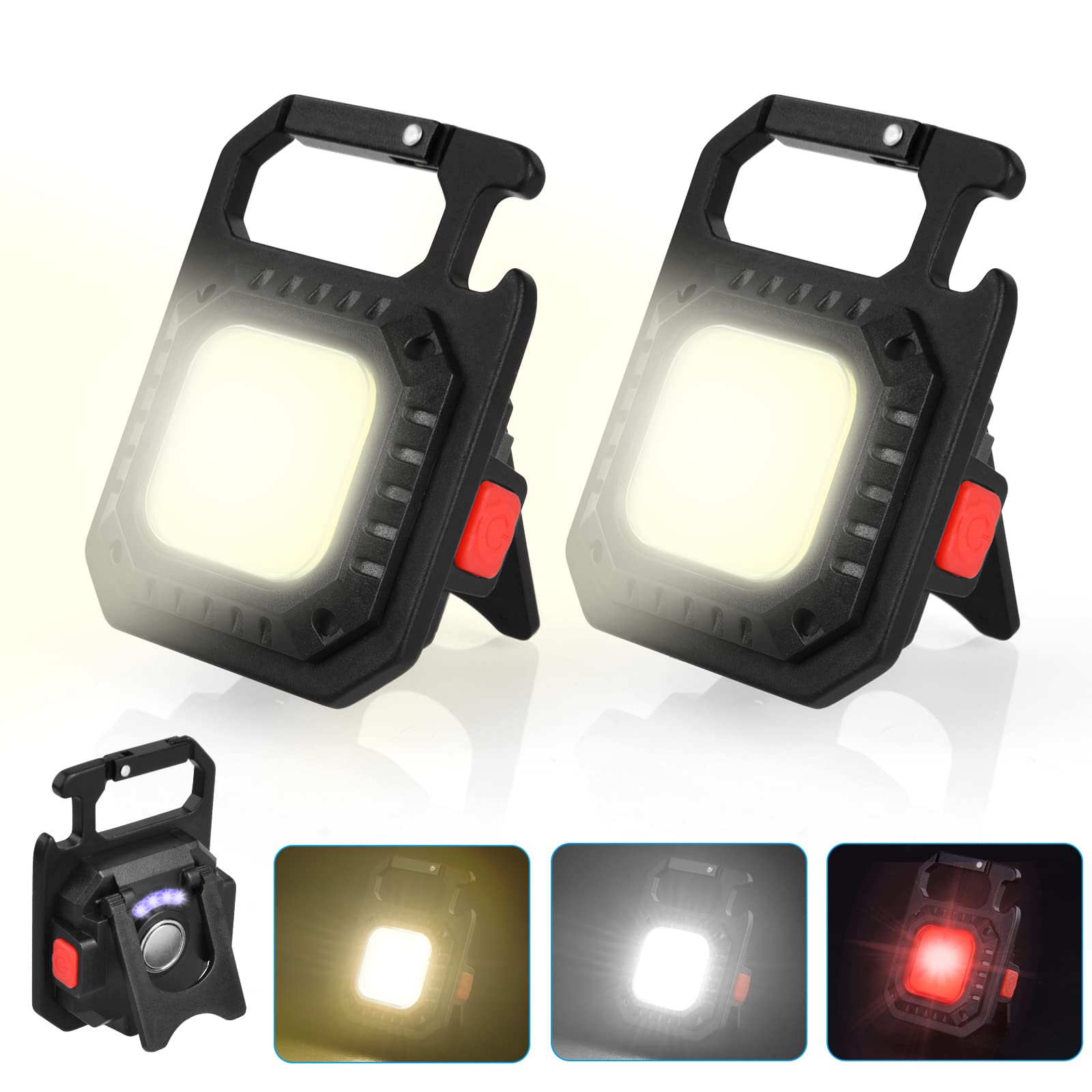 URAQT Mini LED, tryby 7 Mini latarka z brelokiem, 2 szt. Wielofunkcyjne światło magnetyczne, 800 lumenów, wodoodporne, z otwieraczem do butelek, podstawa magnetyczna, na kemping/naprawę/awarie