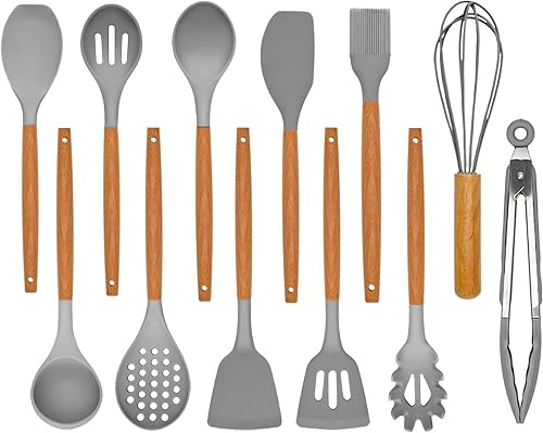 Miniatura 9 de Juego de utensilios de cocina – Juego de 12 utensilios de cocina de silicona con mango de madera – Juego de espátulas antiadherentes sin BPA