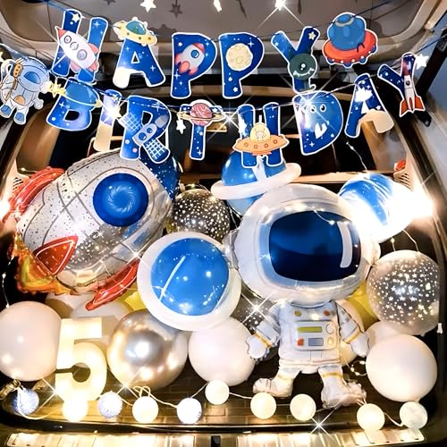 Image of Juzfun Happy Birthday Letter Banner Space Themed Alphabet Letters Wall Hanging Decoration Glossy Paper Material