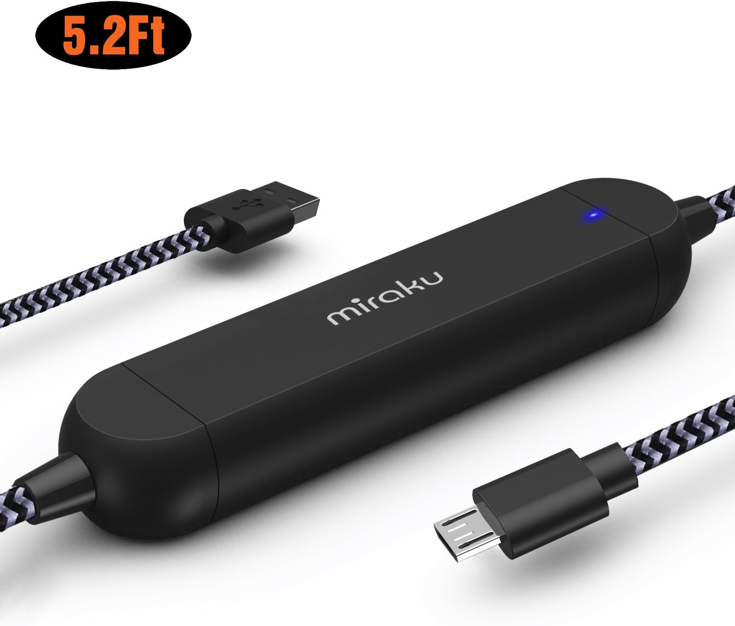 Micro USB Pocket Juice Portable Charger - miraku M9 5.2Ft Nylon Braided Power Cord Built-in 1500mAh Battery Pack for Samsung, LG, HTC, Sony And More (Black)