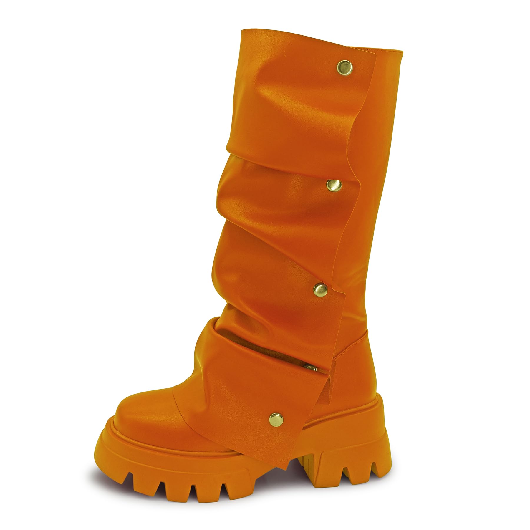 driceic Women's Combat Mid-Calf Chunky Boots Detachable Pull-On Wide Calf Panel Shark Platform Boots Round toe Party Dress Boot