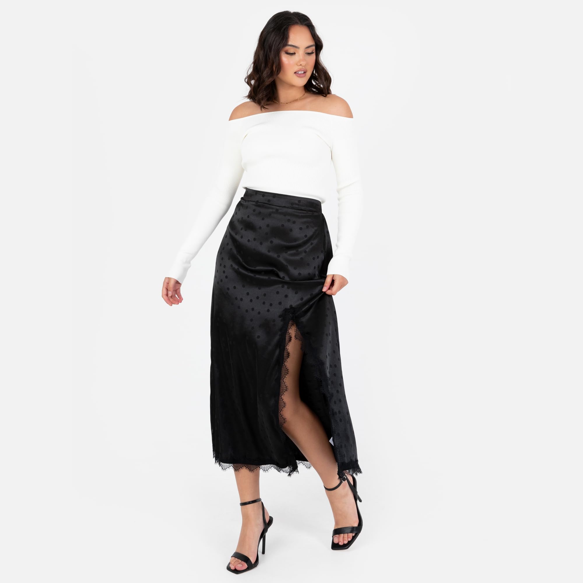 Lovedrobe Women's Midaxi Skirt Ladies Satin Lace Trim Split Hemline Polka DOT Spot Print A-Line Occasion Evening Party Cocktail Gonna Donna (Pacco da 1)