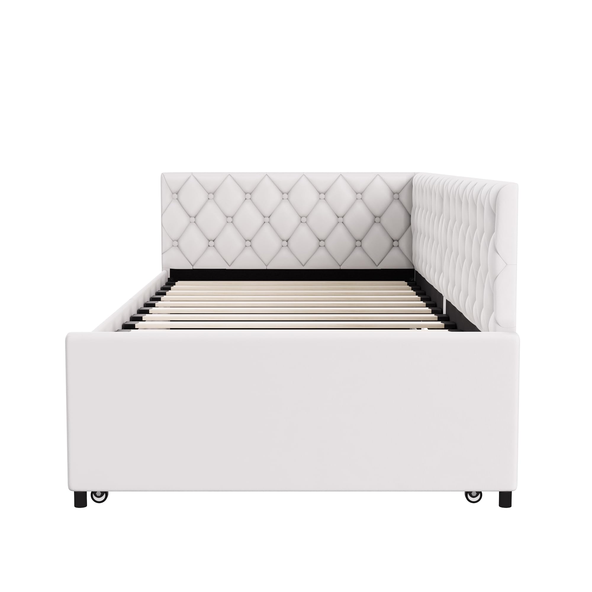 Divano letto in legno massiccio 90/180 x 200 cm, letto divano a 2 posti convertibile con 2 cassetti portaoggetti e rete a doghe per divano letto allungabile con schienale e braccioli, senza materasso
