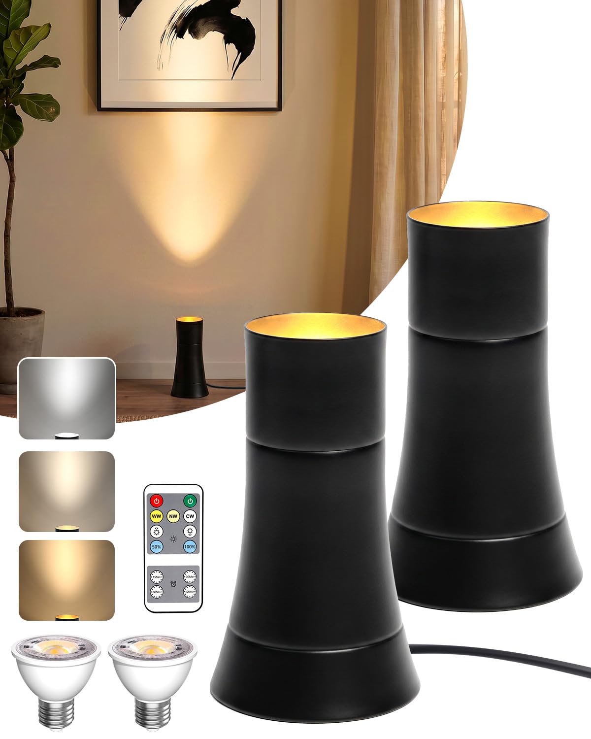 BrightArk 2 Pack Uplighting Indoor Floor Can Light with Remote, 3 Colour Temps & Dimmable, 5W Spotlight with E27 Bulbs, Indoor Uplight Spot for Plant Artwork Living Room