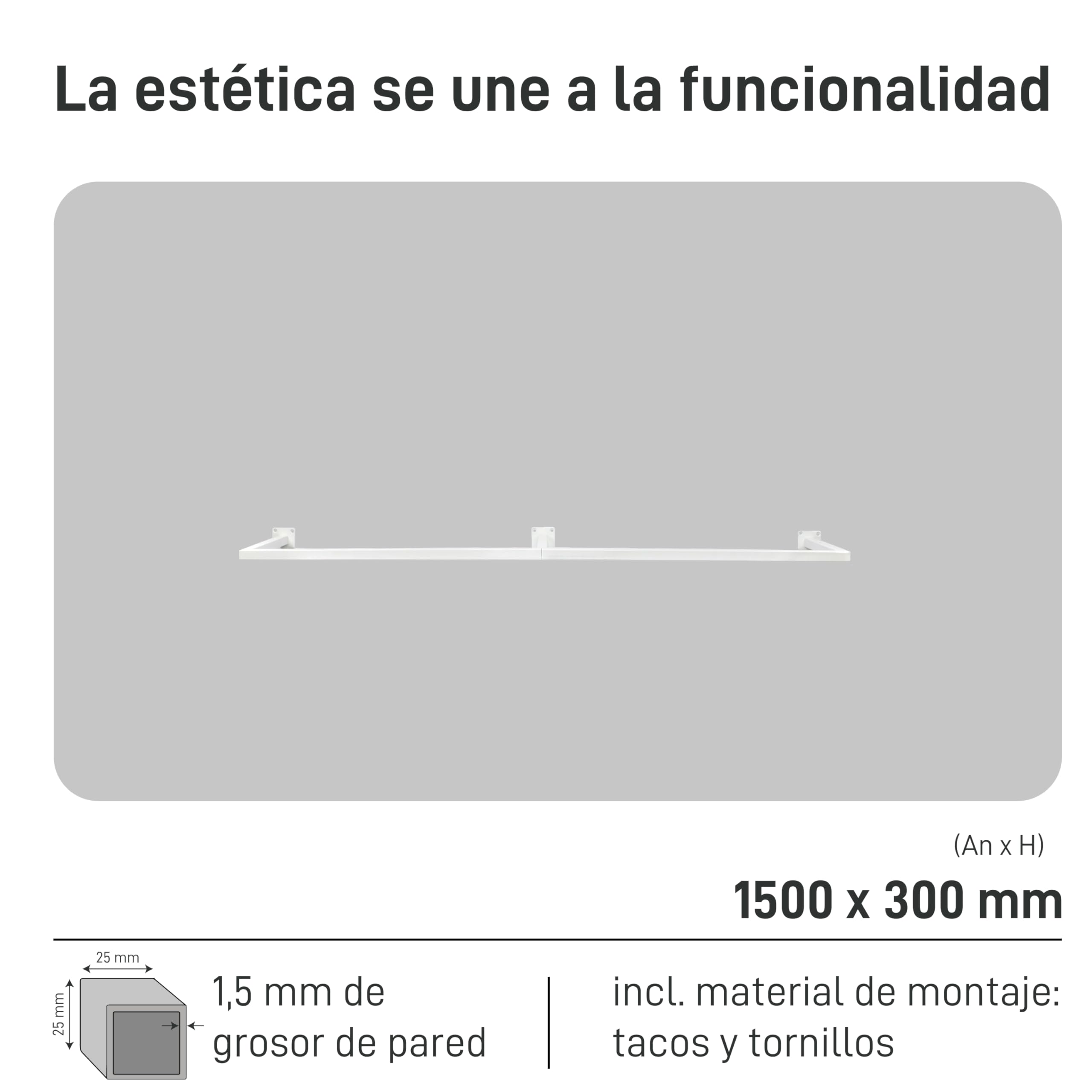 Natural Goods Berlin 1 Barra Rectangular para Ropa, Montaje en Pared, Estilo Industrial, Barras de Metal en Color Blanco, Sistema de Perchero de Pared de 150 x 30 cm