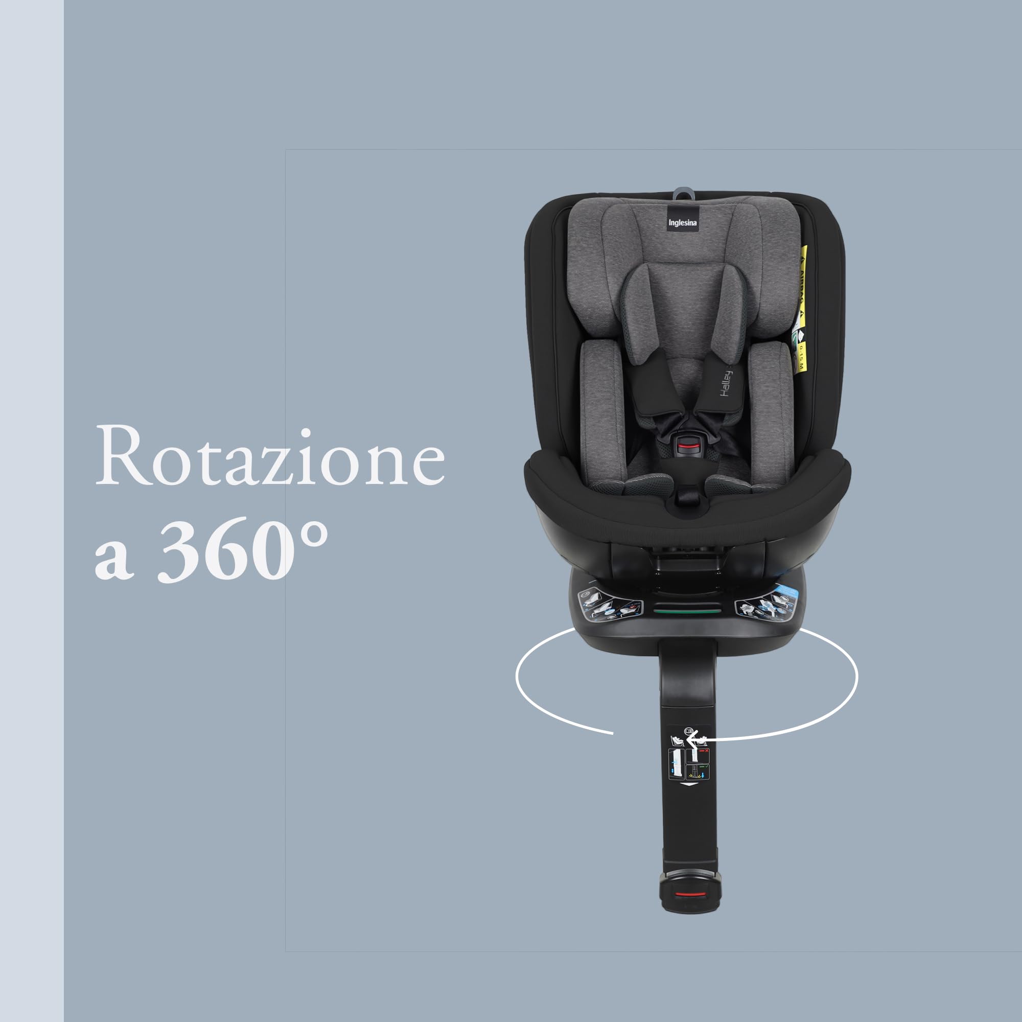 Inglesina Halley Pro, Black, Seggiolino Auto Rotante 360° ISOFIX, da 0 a 12 Anni (40-150 cm), Reclinabile e Traspirante, Omologato ECE R129/03