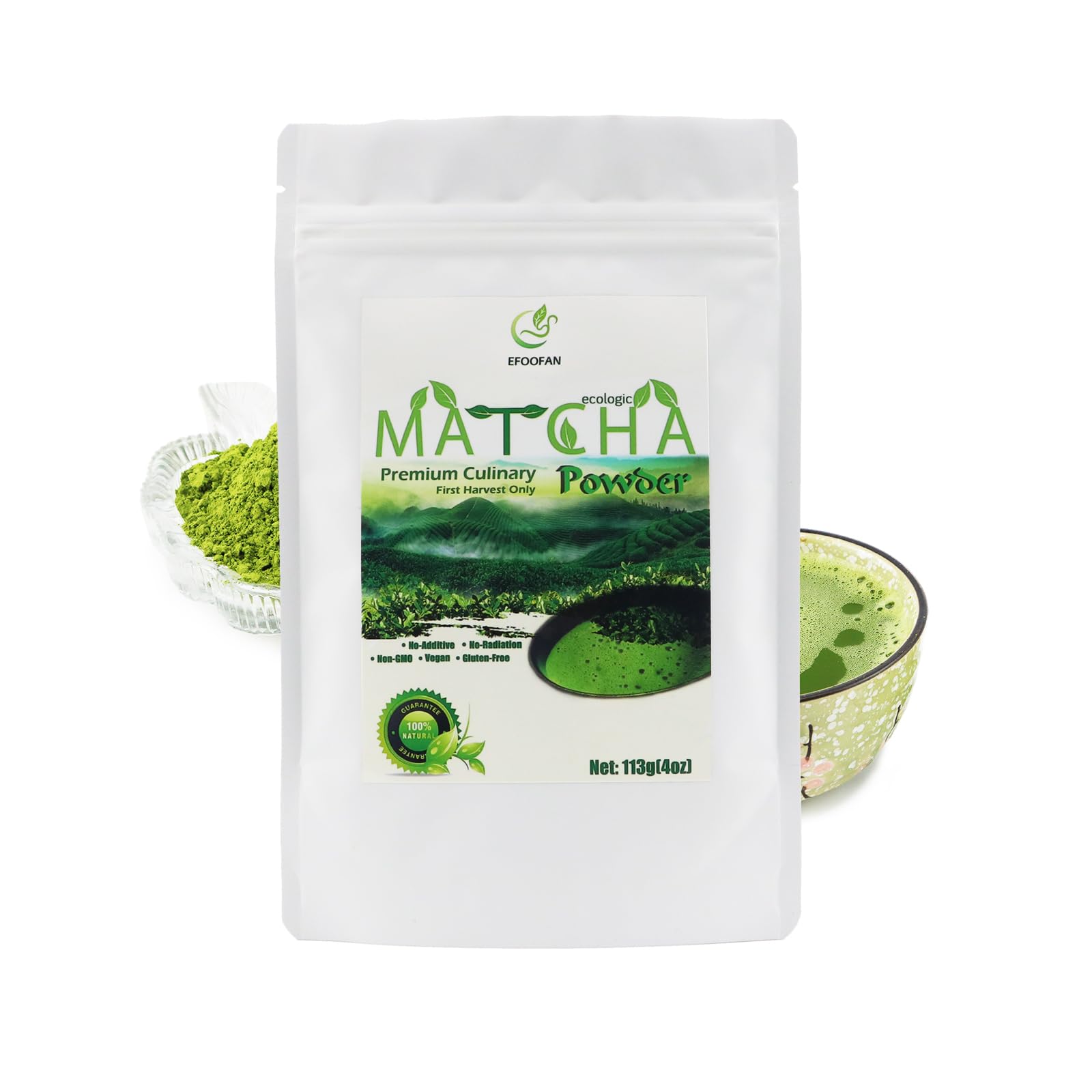EFOOFAN Matcha Green Tea Powder, Premium Culinary Grade(4oz), Japanese Tencha Tea Flavor, Second Harvest, Te Macha for Latte, Baking, Smoothie