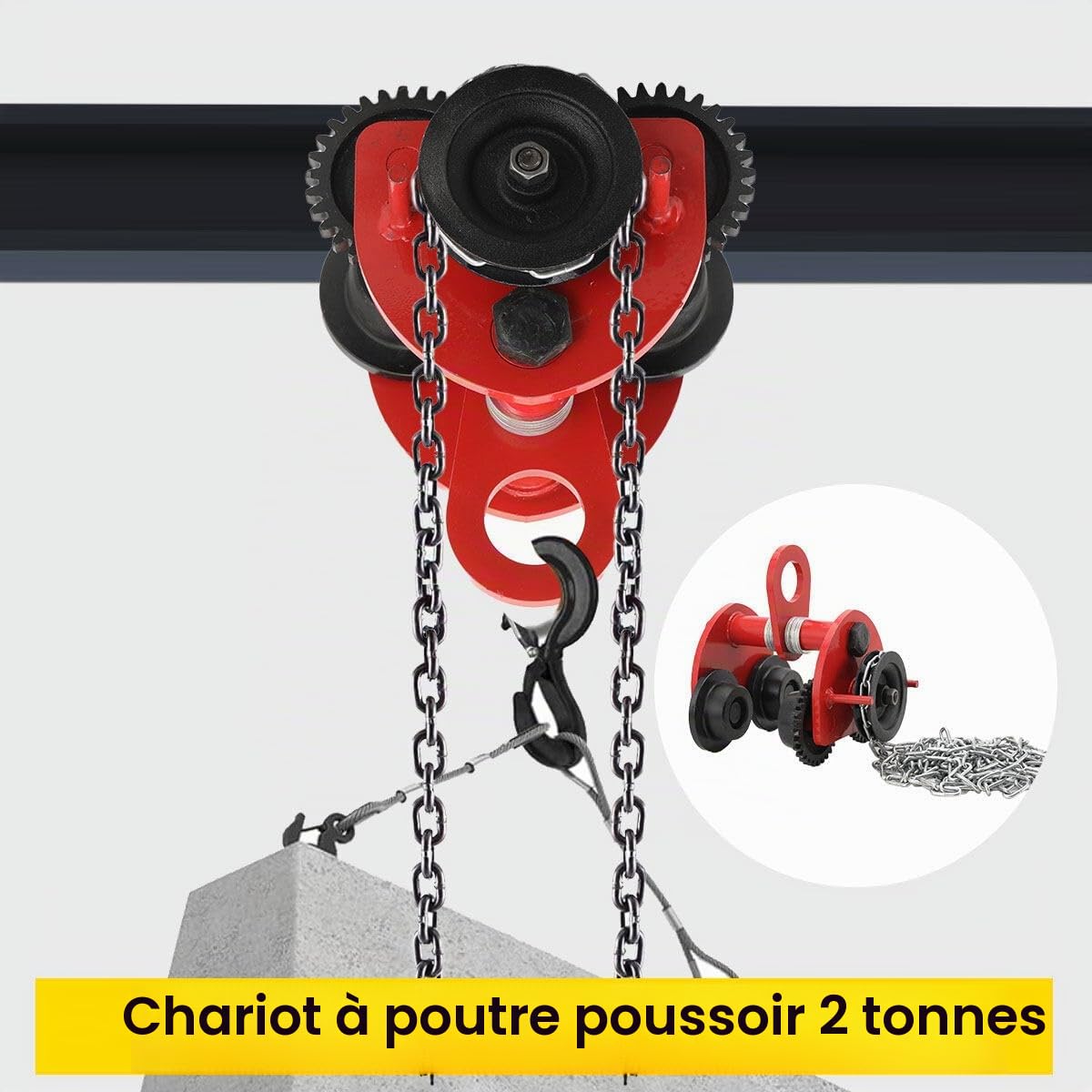 Suspension à roulettes pour chat - 2000 kg - Poutre coulissante pour soulever des marchandises - Palan à chaîne manuel avec chaînes de 3 m - Plage de bride 80 à 168 mm (2 tons)