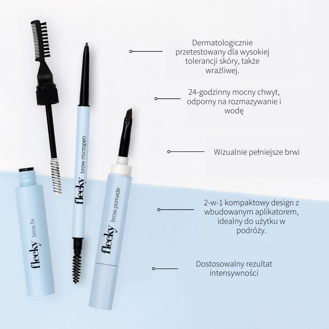 fleeky zestaw do brwi Brow Fix, pomada i Micropen 3 w 1 – idealny kształt, wypełnienie i definicja dla naturalnych rezultatów odpornych na ścieranie (brązowy)