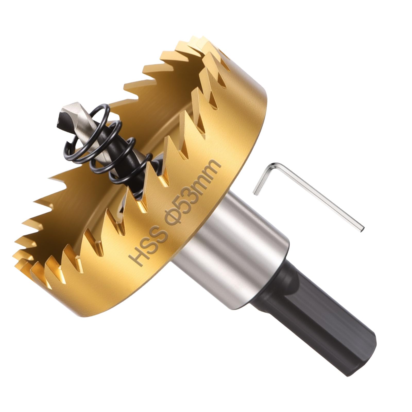 METALLIXITY Hole Saw 53mm (2-1/12"), M2 High Speed Steel Hole Cutter with Center Drill Bit, Hex Key and Spring - for Thin Stainless Steel Metal Plates. Gold
